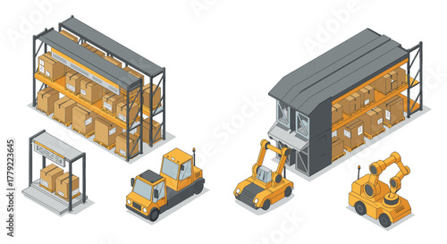 Warehouse automation concept with industrial robots and conveyor systems in isometric design