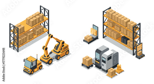 Isometric warehouse automation with robots and shelves for efficient inventory management