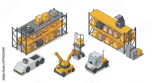Isometric warehouse automation equipment and robotics setup for modern logistic solutions