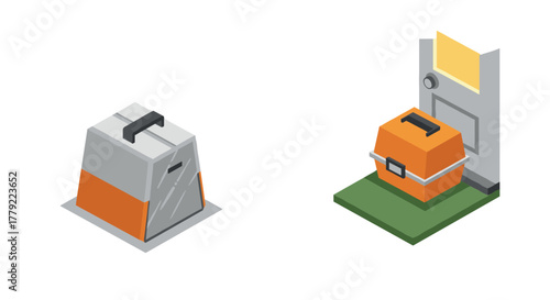 Isometric pet carrier and delivery box on doorstep