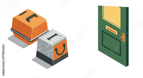 Isometric package delivery and door concept for ecommerce and logistics