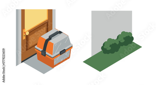 Isometric delivery package at door with garden bushes on a sunny day