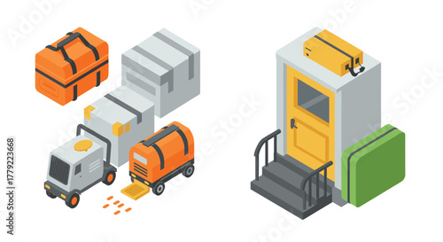 Isometric airport equipment set luggage, conveyor, stairs and cart
