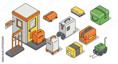Isometric luggage collection with carrier and storage unit