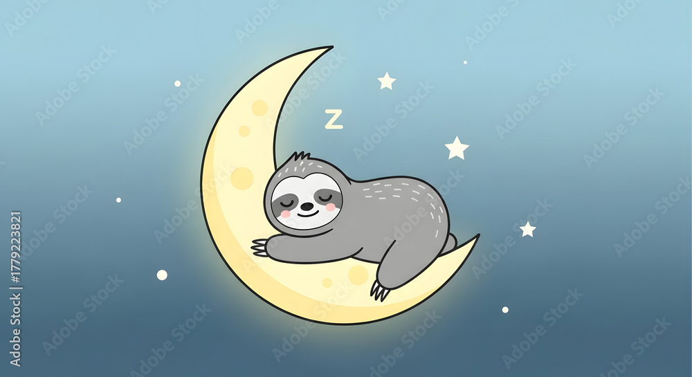Naklejka premium A cute cartoon sloth sleeping peacefully on a crescent moon surrounded by stars
