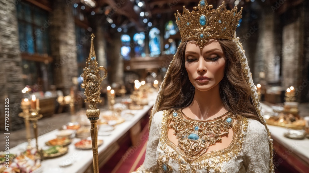 Obraz premium The figure of a mannequin dressed as a queen with a jeweled golden scepter is displayed amid lavish décor, symbolizing royal power.