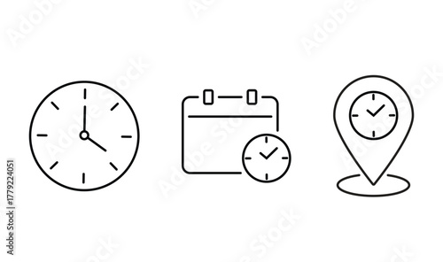 Clock, calendar, and location pin icon, schedule, travel, event, time, and navigation related icon. vector illustration.