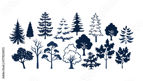Diverse Tree Silhouette Collection: A diverse collection of tree silhouettes, from towering evergreens to leafy deciduous trees, presented with detailed artistry.
