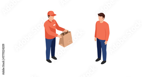 Isometric illustration of a delivery worker handing a paper bag to a customer