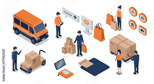 Ecommerce logistics and delivery isometric concept with delivery van, packages, and online shopping elements