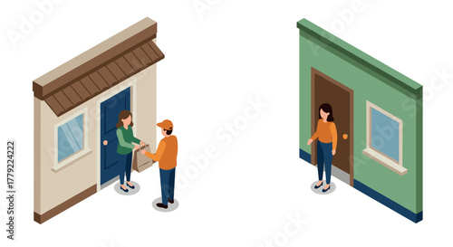 Isometric home delivery contactless doorstep dropoff scene