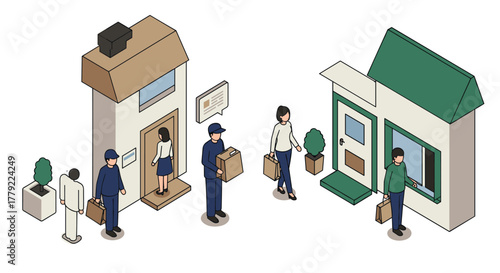 Isometric home delivery and package collection scene with people and houses