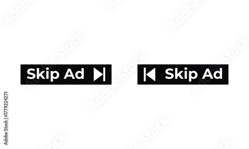 Minimalist black and white “Skip Ad” buttons with play and rewind icons on a clean background. Perfect for UI design, digital interfaces, media control, and web navigation elements.