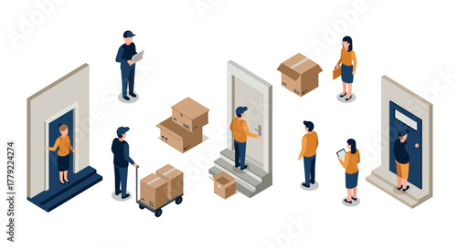 Isometric delivery service scene with people and packages in various interactions