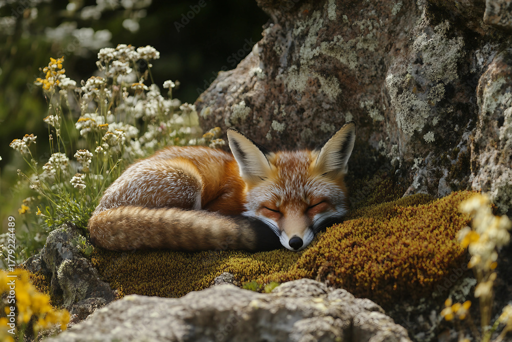 Obraz premium Generative AI image of a peaceful red fox sleeping in the summer forest with a delicate butterfly resting on its head in warm natural light