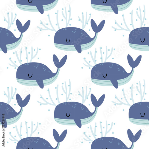 Seamless pattern with smiling whales and splashes in soft blue tones. Scandinavian minimalism style perfect for nursery textiles, baby clothing, ocean-themed decor, and kids products.