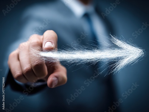 Businessman pointing forward with a glowing arrow of light, symbolizing direction, innovation, and confident leadership driving progress and success