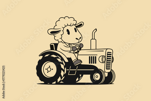 Cute Cartoon Sheep Driving a Tractor on a Farm.