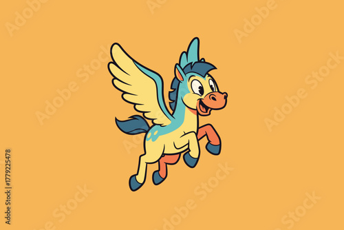 Cute Cartoon Pegasus Flying with Joyful Expression.