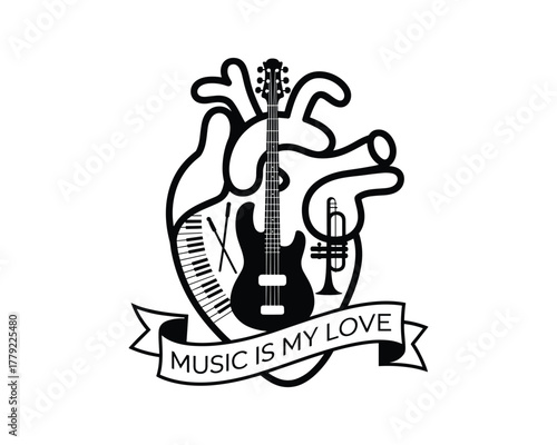 Heart shape with musical instruments and text