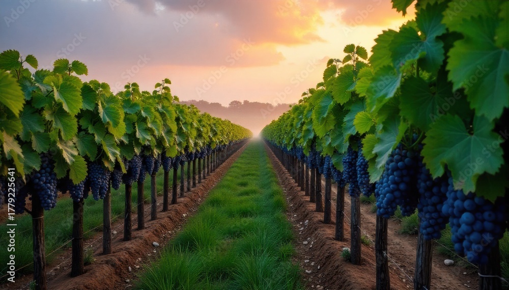 Naklejka premium Sun kissed vineyard at dawn, dew kissed grapes ripening for exquisite wine. A high angle shot of a vast vineyard at dawn, bathed in soft golden sunlight. Dew drops glisten on plump, deep purple grapes