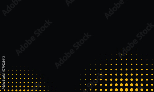 Modern abstract background with golden halftone dots on a black surface. Elegant luxury pattern ideal for presentation, banner, digital art, festive decoration, or premium graphic design themes.