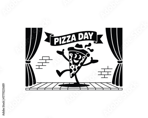 Dancing pizza slice with hat on stage Happy pizza Day concept 