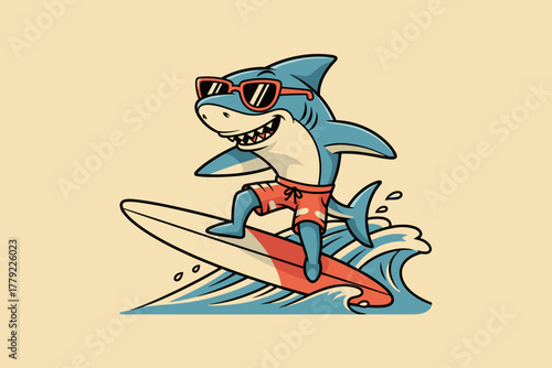 Cool Shark Surfer Wearing Sunglasses Riding Ocean Wave.
