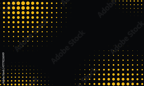 Modern abstract background with golden halftone dots on a black surface. Elegant luxury pattern ideal for presentation, banner, digital art, festive decoration, or premium graphic design themes.