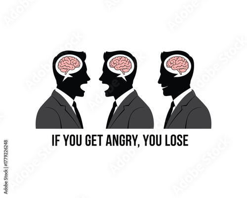 Three black silhouettes of men in suits with brains visible