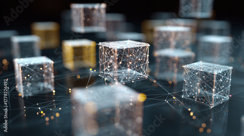 Floating luminous cubes connected with each other. This image is a great choice for illustrating advanced technology, networks and data transfer concepts.