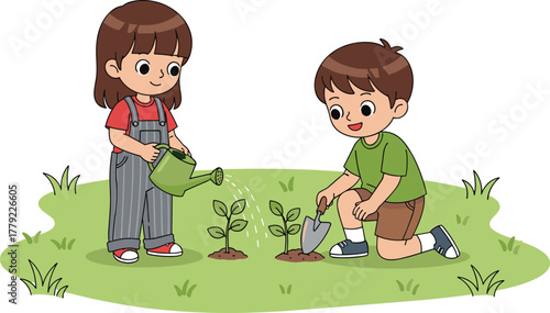 Cartoon children gardening outdoors with watering can, trowel, plants, grass, teamwork, and nature elements, vector illustration for environmental learning concept