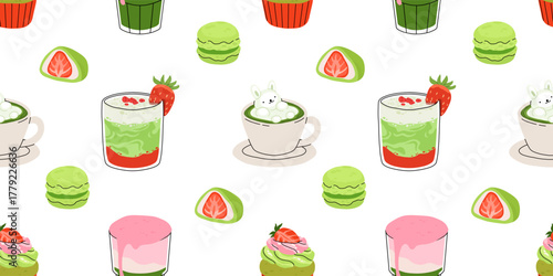 Matcha sweets seamless patterns collection, kawaii matcha drinks, boba cups, matcha latte, macarons, mochi and green tea desserts. Flat vector seamless tiles for fabric, wallpaper, packaging