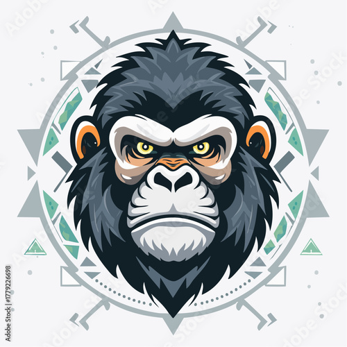 Powerful Gorilla Head with Geometric Background Vector Illustration.