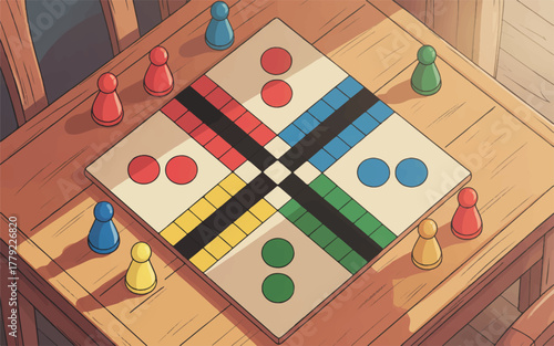 A Minimalist Parcheesi Board Where Red, Blue, Green, and Yellow Paths Cross in Perfect Harmony at the Heart of Play.