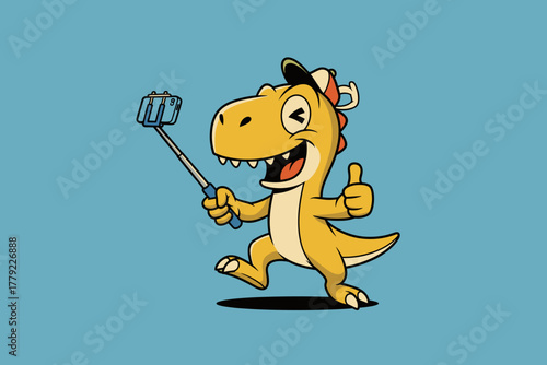 Happy Cartoon Dinosaur Taking Selfie with Thumbs Up Gesture.
