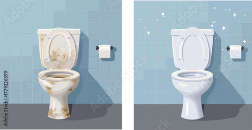 Cartoon clean and dirty toilet comparison with tiled wall, stains, sparkles, and hygiene contrast, vector illustration for sanitation awareness concept
