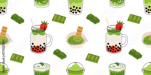 Matcha sweets seamless patterns collection, kawaii matcha drinks, boba cups, matcha latte, macarons, mochi and green tea desserts. Flat vector seamless tiles for fabric, wallpaper, packaging
