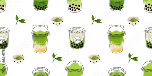 Matcha sweets seamless patterns collection, kawaii matcha drinks, boba cups, matcha latte, macarons, mochi and green tea desserts. Flat vector seamless tiles for fabric, wallpaper, packaging