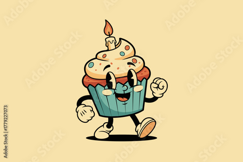 Retro Cartoon Cupcake Character with Candle and Sprinkles.