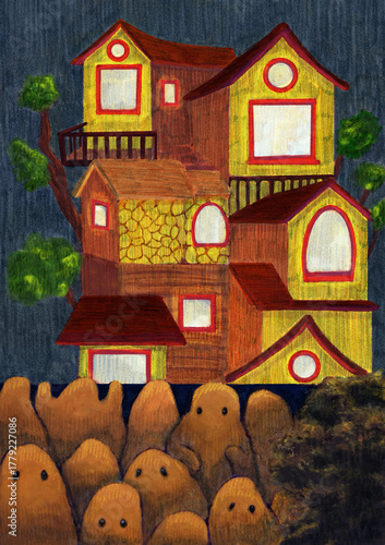 a light house seen by ghost in the dark night on halloween illustration. a hand painted digital art scene