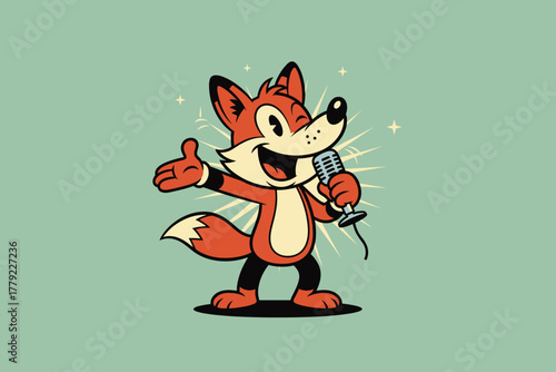 Charming Cartoon Fox Character Singing into a Vintage Microphone