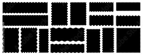 Set of black wavy edge frames. Rectangle shape frame with zigzag edge. Rectangular zigzag curved box. Decorative banners and labels set on white background. Vector illustration.