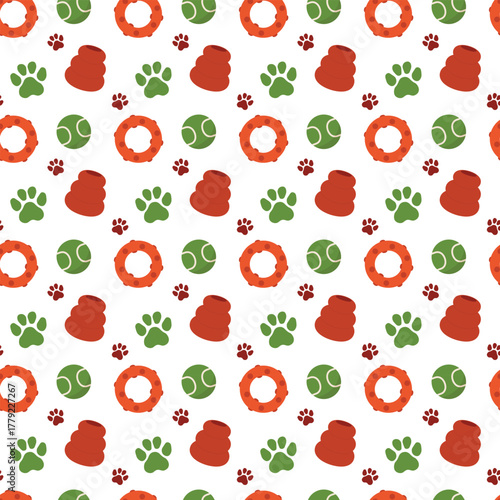 Dog toys seamless pattern with kong cones, ring chew, tennis balls, paw prints for textiles