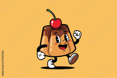 Happy Pudding Character with Cherry Topping Walking.