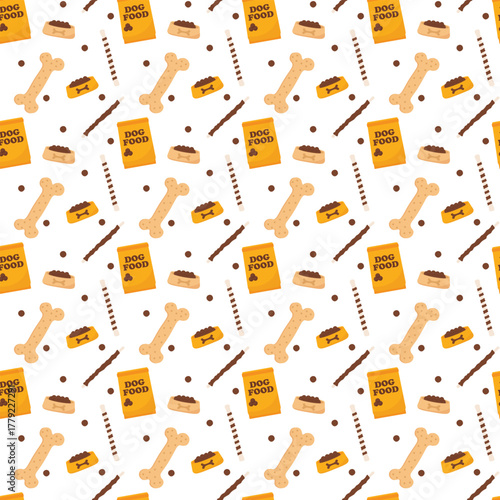 Pet nutrition seamless pattern with food bags, bones, bowls, crunchy pellets for packaging