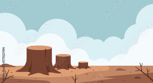 Cartoon deforestation scene with tree stumps and barren land, vector illustration for environmental degradation and ecosystem impact concept