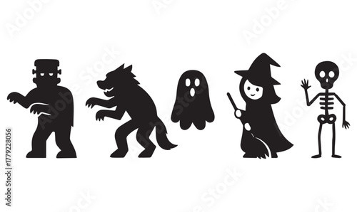 Halloween Silhouette Icons – Frankenstein, Werewolf, Ghost, Witch, Skeleton in Cartoon Style