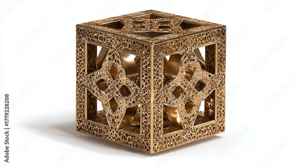 Obraz premium A detailed golden cube with intricate openwork design, showcasing artistic craftsmanship