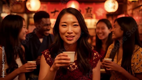 Happy Friends Drinking Sake and Laughing at Japanese Izakaya Bar